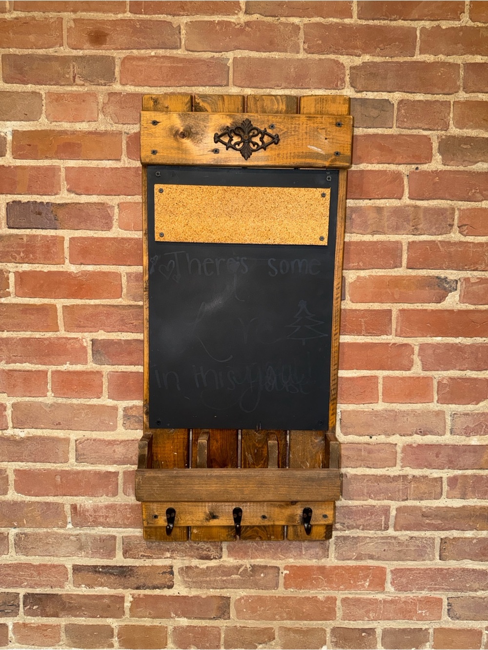 Rustic Wall Chalkboard Organizer Entryway  Cork and Hanging Hooks - Brown/Black
